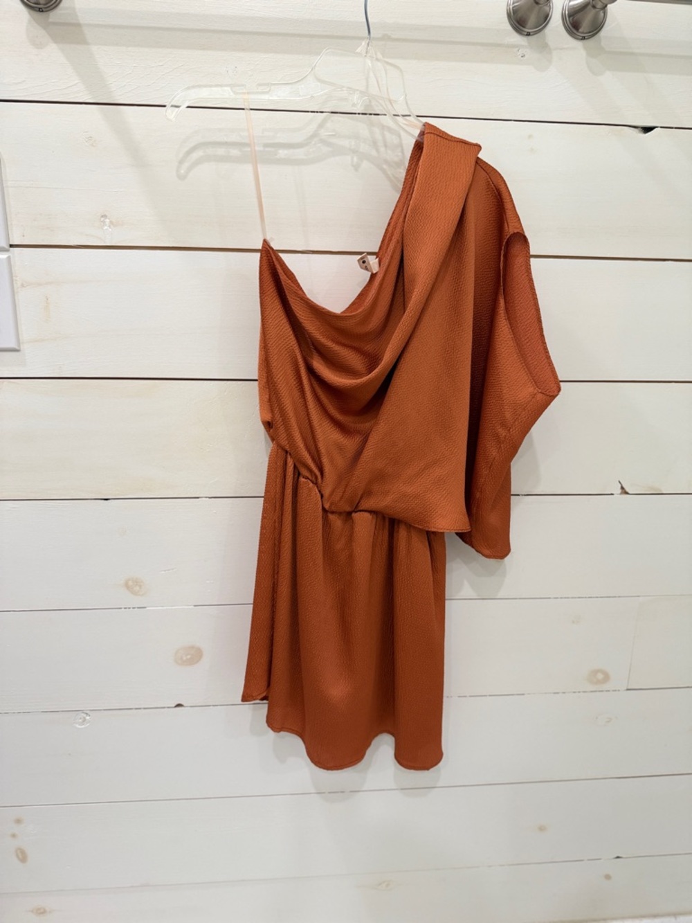 Tyche One-Shoulder Draped Dress in Rust